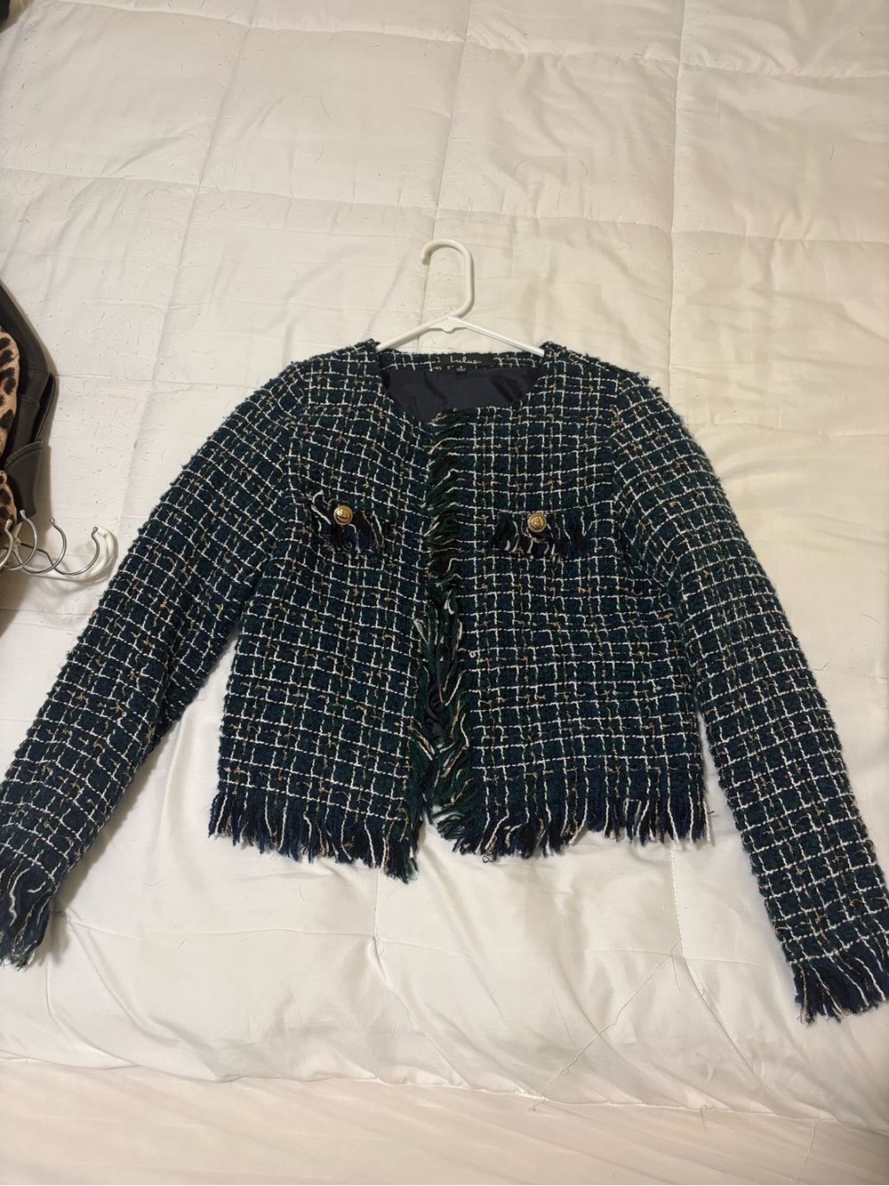 Lulu's Green Tweed Fringe Cropped Blazer
